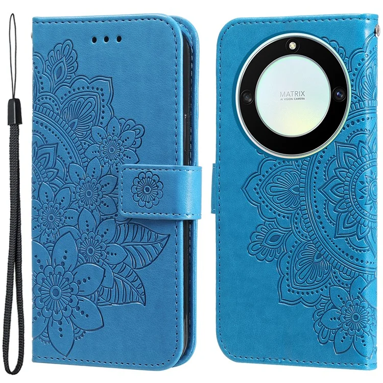 For Honor X40 5G / X9a 5G / Magic5 Lite 5G Flip Stand Cover Flower Imprinting Leather Wallet Case - Blue