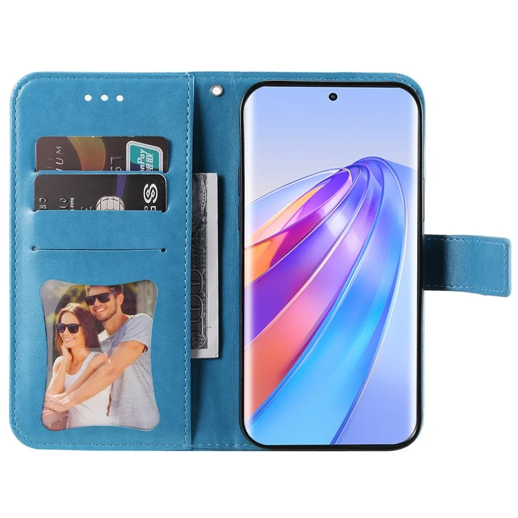 For Honor X40 5G / X9a 5G / Magic5 Lite 5G Flip Stand Cover Flower Imprinting Leather Wallet Case - Blue