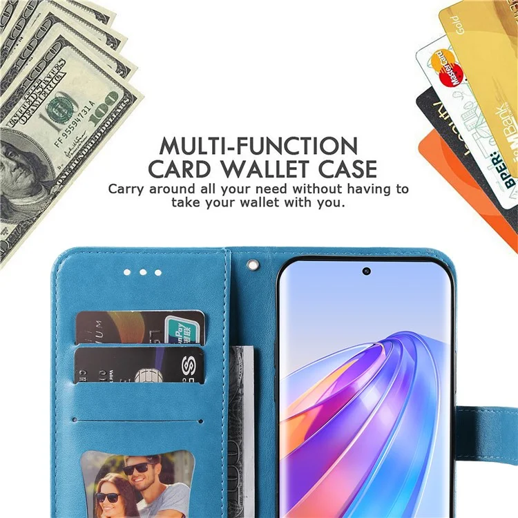 Para Honor X40 5G / X9a 5G / Magic5 Lite 5G Flip Stand Cover Flower Imprinting Leather Wallet Case - Azul