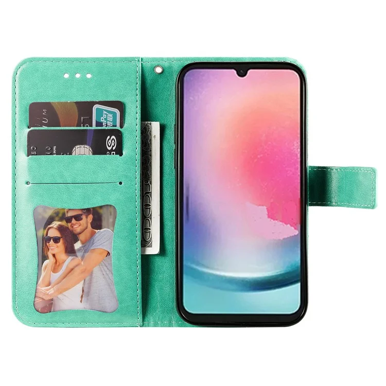 For Samsung Galaxy A24 4G (162.1 x 77.6 x 8.3mm) Case Floral Pattern PU Leather Wallet Stand Phone Cover - Green