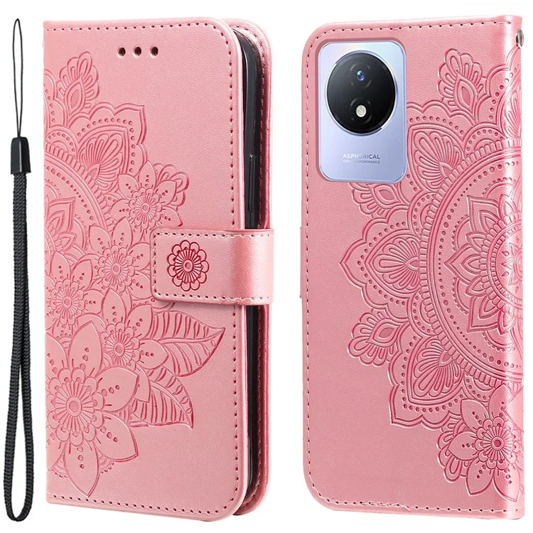 Per vivo Y02 4G Anti-Graffio Cover per Telefono Fiore Imprimendo Custodia Portafoglio in Pelle con Cinturino - Rosa