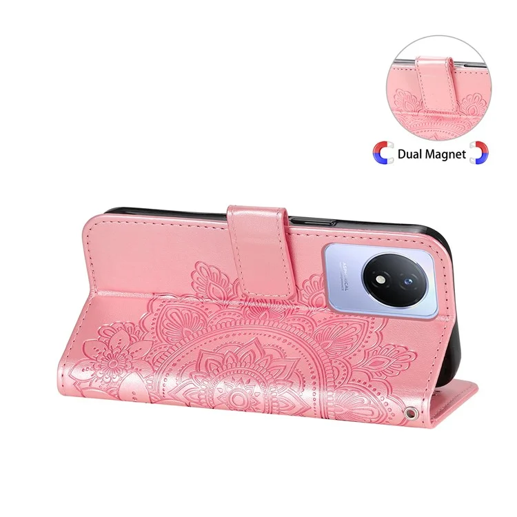Per vivo Y02 4G Anti-Graffio Cover per Telefono Fiore Imprimendo Custodia Portafoglio in Pelle con Cinturino - Rosa