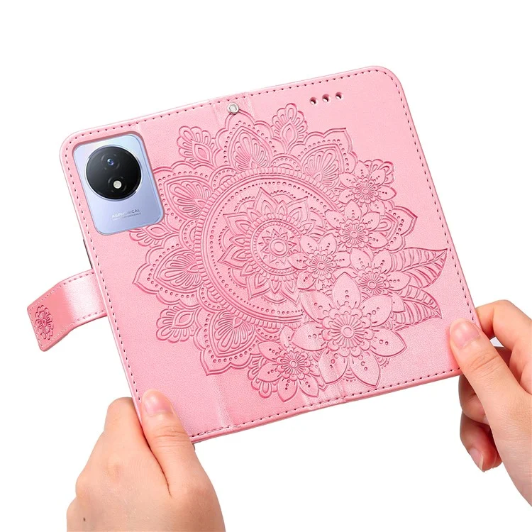 Per vivo Y02 4G Anti-Graffio Cover per Telefono Fiore Imprimendo Custodia Portafoglio in Pelle con Cinturino - Rosa
