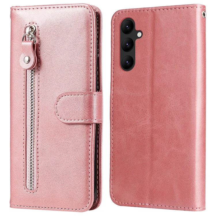 For Samsung Galaxy A24 4G (162.1 x 77.6 x 8.3mm) Zipper Pocket Phone Stand Case Calf Texture Leather Wallet Phone Cover - Pink