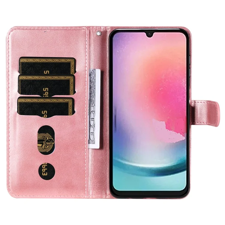 For Samsung Galaxy A24 4G (162.1 x 77.6 x 8.3mm) Zipper Pocket Phone Stand Case Calf Texture Leather Wallet Phone Cover - Pink