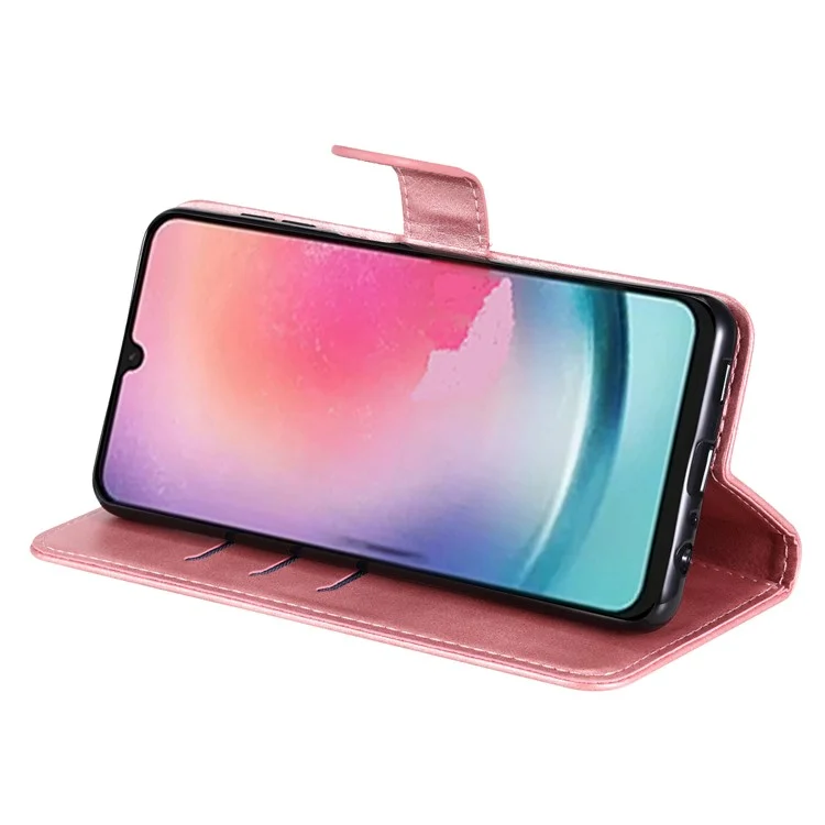 For Samsung Galaxy A24 4G (162.1 x 77.6 x 8.3mm) Zipper Pocket Phone Stand Case Calf Texture Leather Wallet Phone Cover - Pink