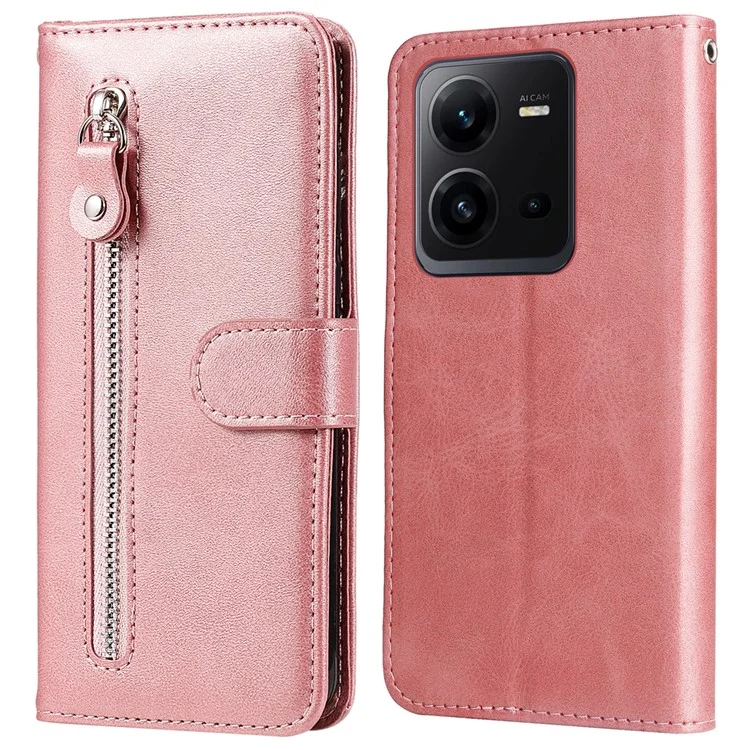 Para vivo V25 5G / V25e 4G Calf Texture PU Leather Wallet Phone Case Zipper Pocket Flip Stand Cover - Pink