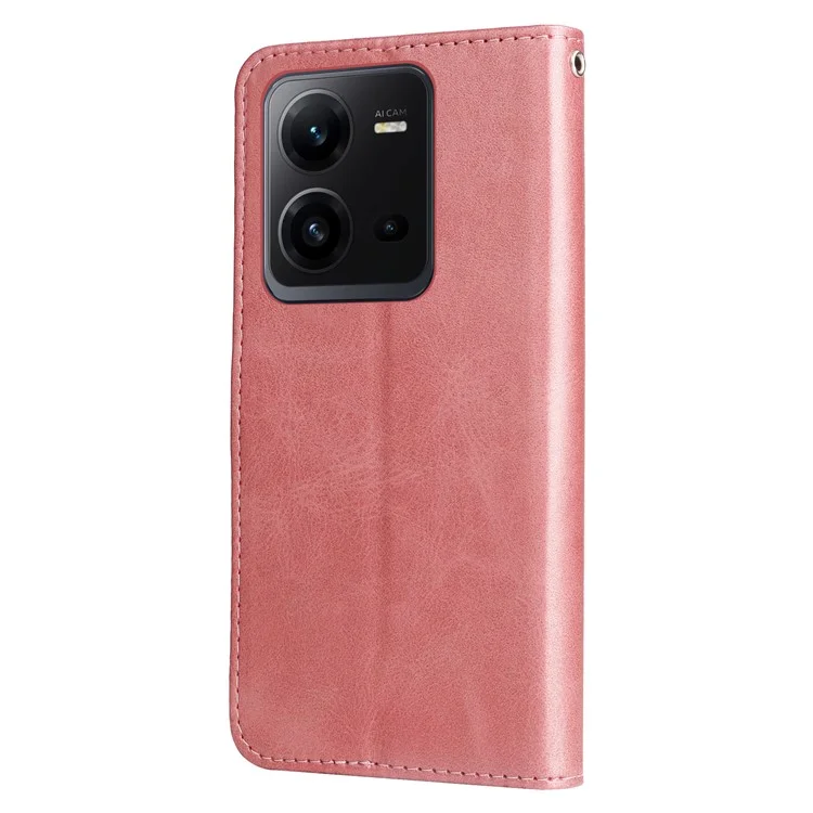 Para vivo V25 5G / V25e 4G Calf Texture PU Leather Wallet Phone Case Zipper Pocket Flip Stand Cover - Pink