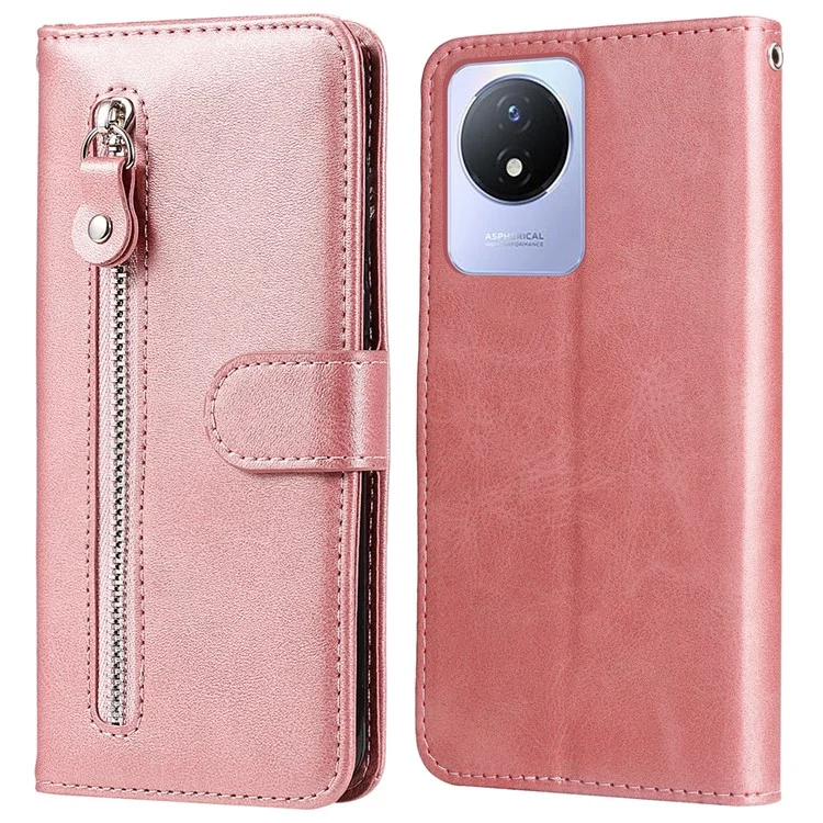 For vivo Y02 4G Calf Texture Zipper Pocket Phone Case Drop-proof Leather Wallet Stand Cover - Pink
