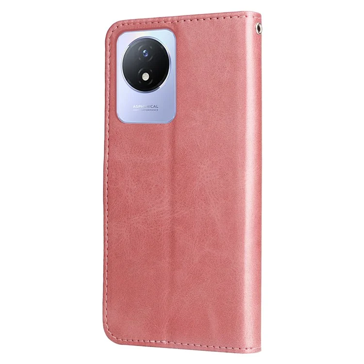 For vivo Y02 4G Calf Texture Zipper Pocket Phone Case Drop-proof Leather Wallet Stand Cover - Pink