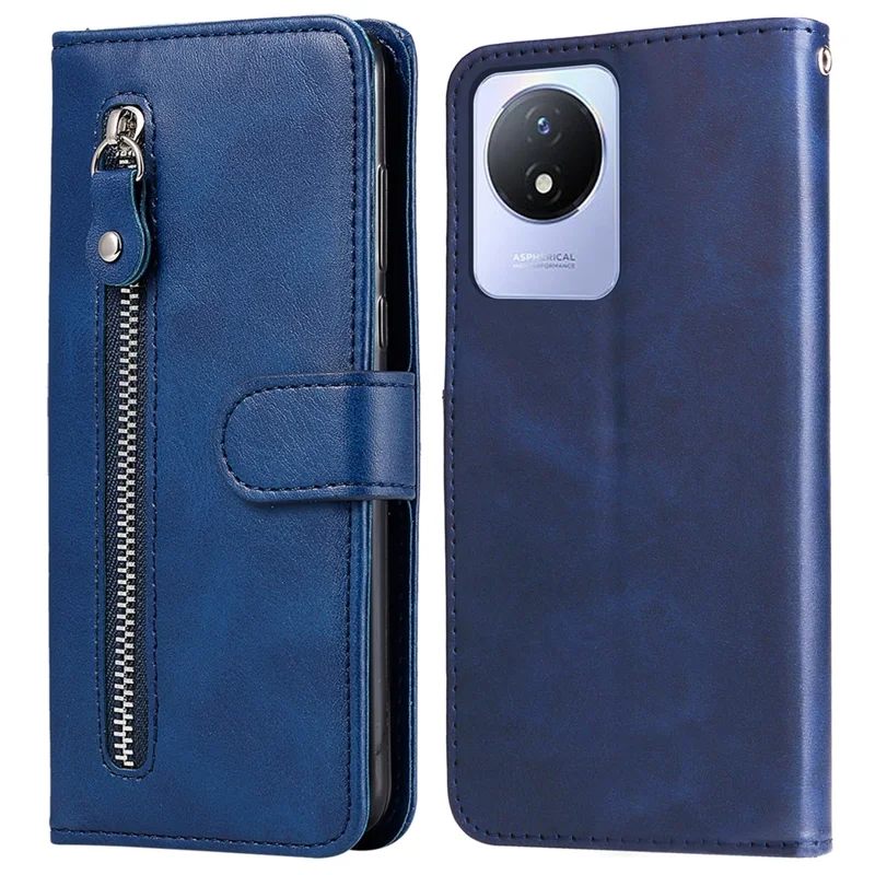 Pour vivo Y02 4G Calf Texture Zipper Pocket Phone Case Drop-proof Leather Wallet Stand Cover - Bleu