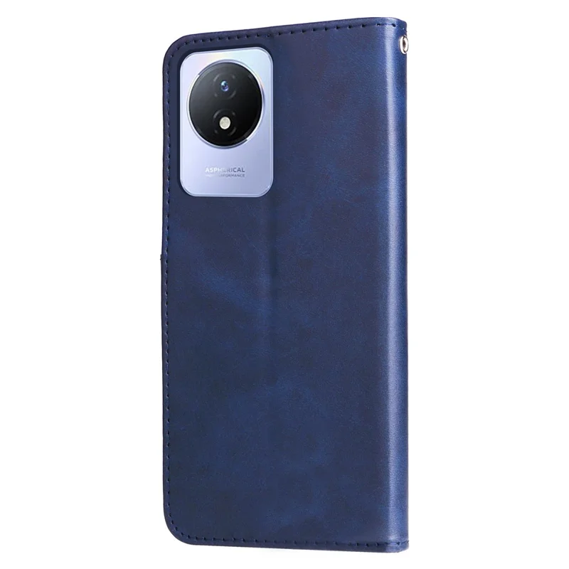 Pour vivo Y02 4G Calf Texture Zipper Pocket Phone Case Drop-proof Leather Wallet Stand Cover - Bleu