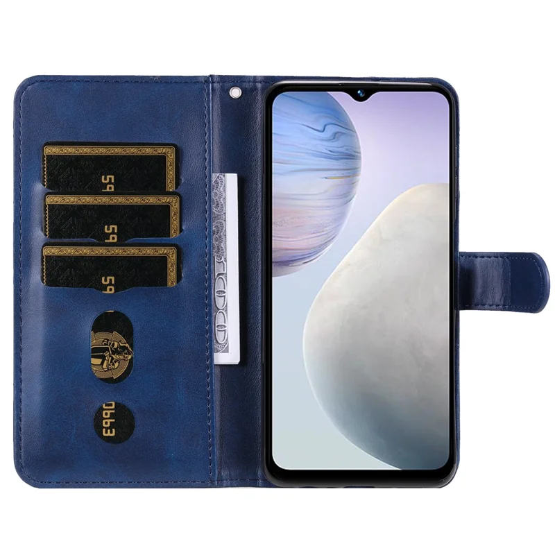 Pour vivo Y02 4G Calf Texture Zipper Pocket Phone Case Drop-proof Leather Wallet Stand Cover - Bleu