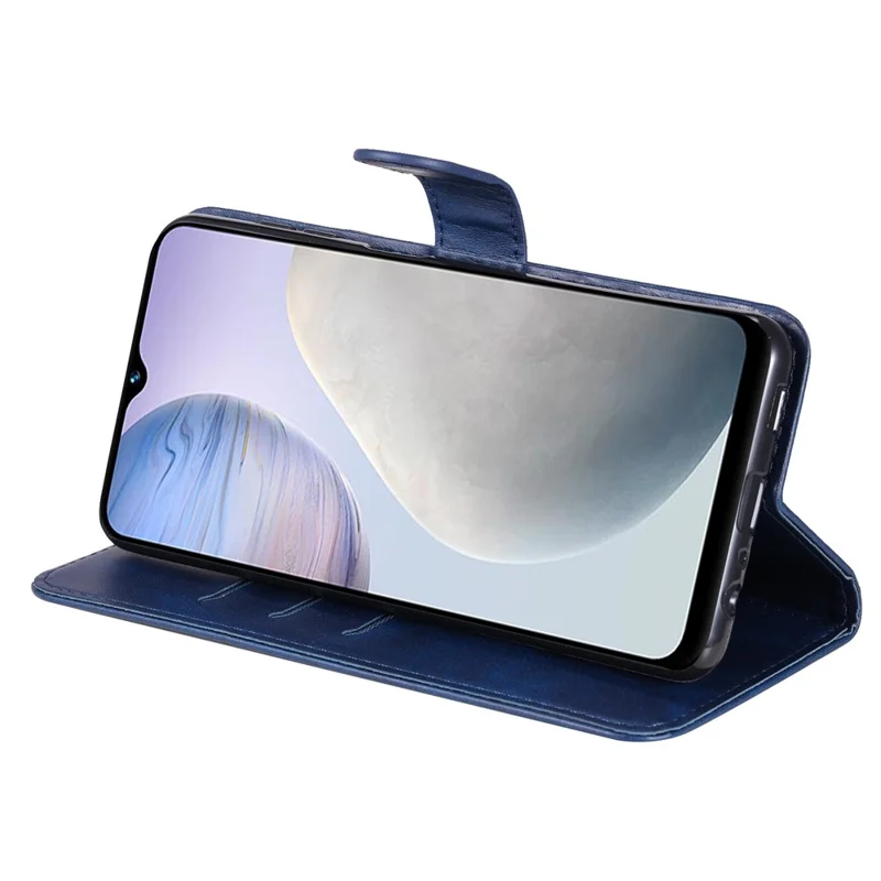 Pour vivo Y02 4G Calf Texture Zipper Pocket Phone Case Drop-proof Leather Wallet Stand Cover - Bleu