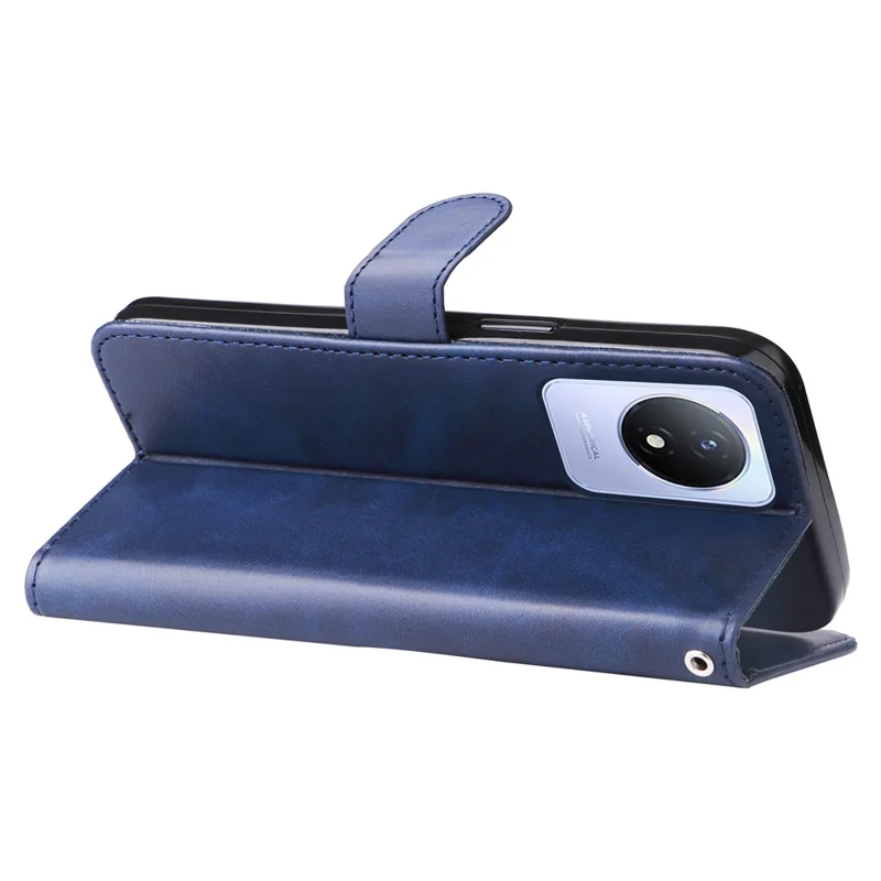 Pour vivo Y02 4G Calf Texture Zipper Pocket Phone Case Drop-proof Leather Wallet Stand Cover - Bleu