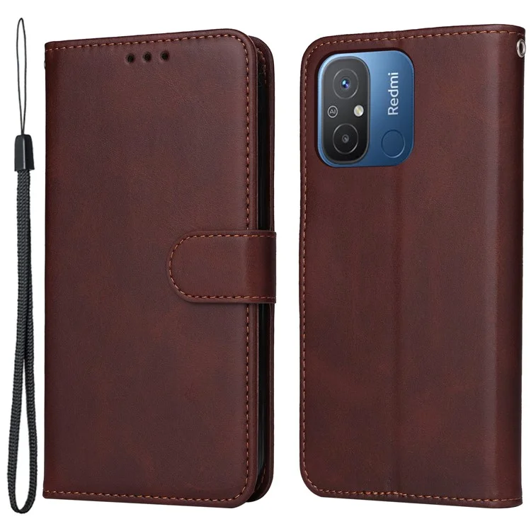 Für Xiaomi Redmi 12C 4G / 11A 4G Kalbleder-Smartphone-Cover PU-Leder-Brieftasche Handyhalterung - Braun
