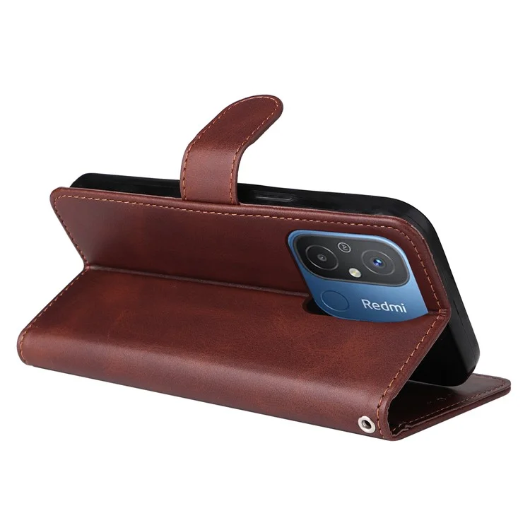 Für Xiaomi Redmi 12C 4G / 11A 4G Kalbleder-Smartphone-Cover PU-Leder-Brieftasche Handyhalterung - Braun