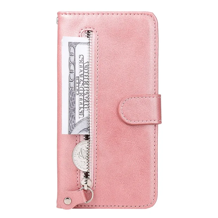 For Honor X7a 5G Reißverschlusstasche Leder Handyhülle Kalbleder Textur Standfunktion Brieftasche Handyhülle - Pink