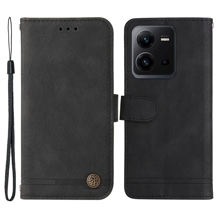 Pour vivo V25e 4G / V25 5G Skin-touch Feeling Leather Phone Case Tree Pattern Imprinted Lines Cover Stand Wallet - Noir