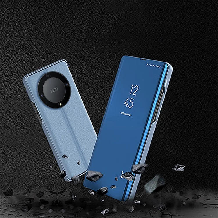 Capa de Couro para Honor X9a 5G / Magic5 Lite 5G Janela de Visualização Espelho Eletroprateado Capa de Telefone - Azul Céu