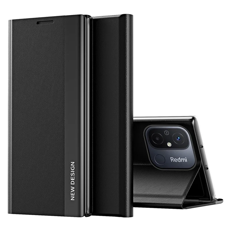 For Xiaomi Redmi 12C 4G PU Leather Flip Stand Phone Cover Electroplating Shockproof Case - Black