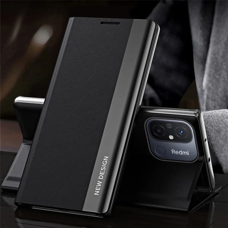 For Xiaomi Redmi 12C 4G PU Leather Flip Stand Phone Cover Electroplating Shockproof Case - Black