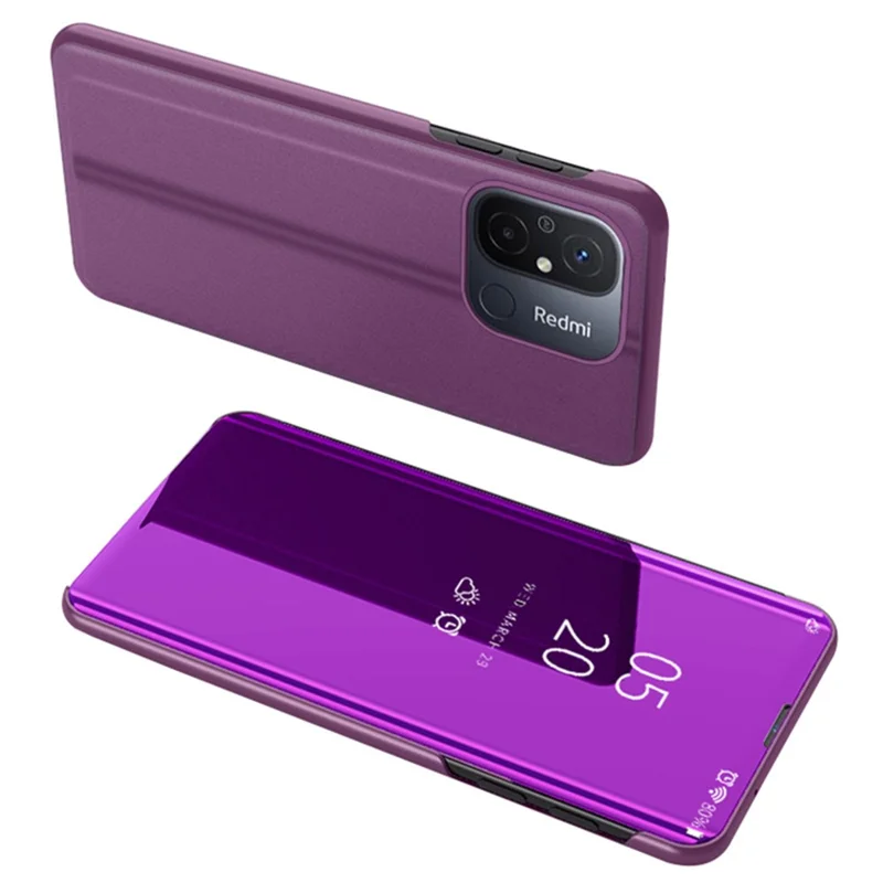 Leather Stand Case for Xiaomi Redmi 12C 4G View Window Mirror Electroplating Phone Cover - Purple