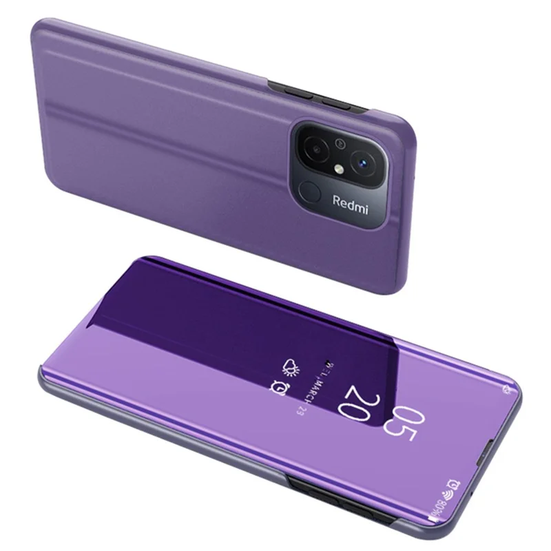 Leather Stand Case for Xiaomi Redmi 12C 4G View Window Mirror Electroplating Phone Cover - Purple  /  Blue