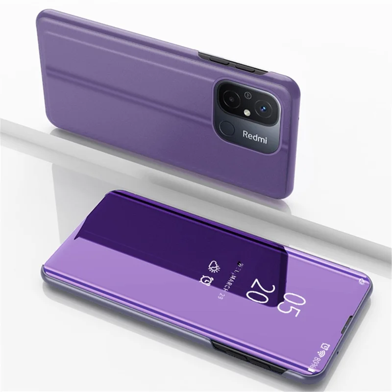 Leather Stand Case for Xiaomi Redmi 12C 4G View Window Mirror Electroplating Phone Cover - Purple  /  Blue