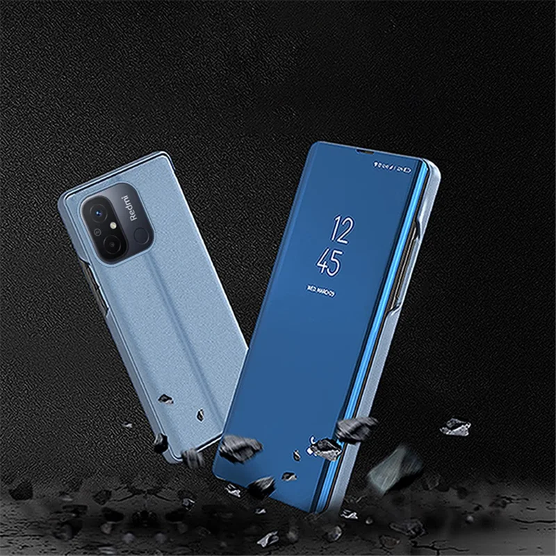 Leather Stand Case for Xiaomi Redmi 12C 4G View Window Mirror Electroplating Phone Cover - Purple  /  Blue