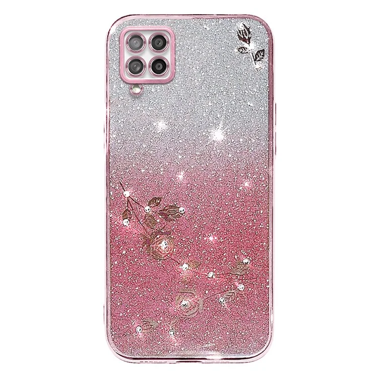 KADEM For Samsung Galaxy A42 5G / M42 5G Gradient Glitter Powder TPU Cover Rhinestone Decor Flower Pattern Anti-drop Protective Case - Rose Gold