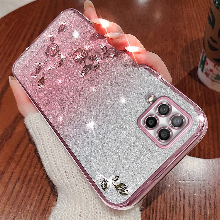 KADEM For Samsung Galaxy A42 5G / M42 5G Gradient Glitter Powder TPU Cover Rhinestone Decor Flower Pattern Anti-drop Protective Case - Rose Gold