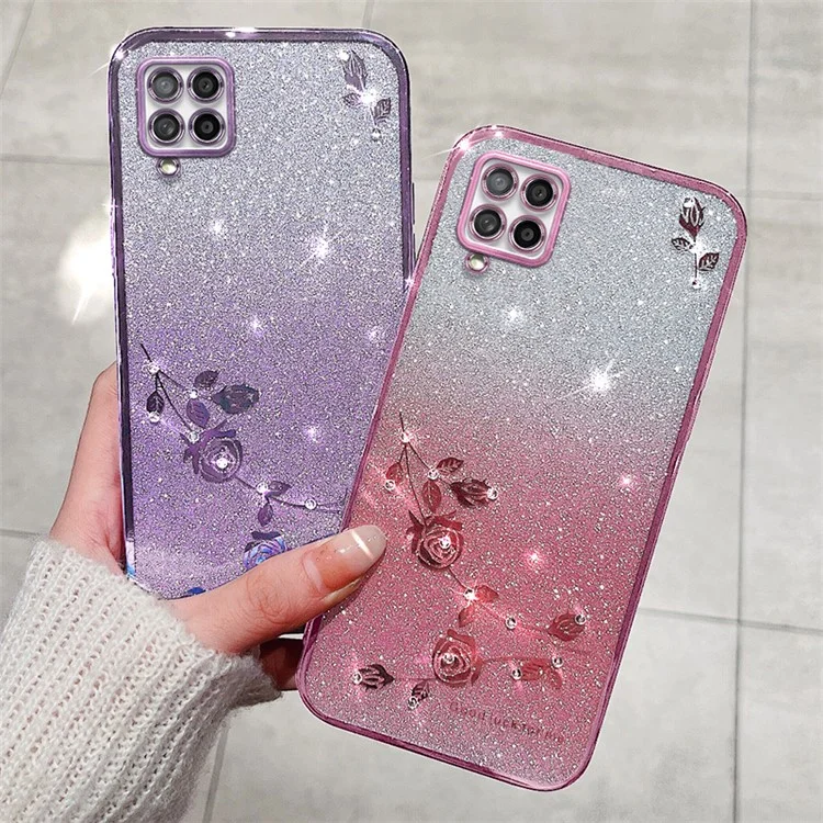 KADEM For Samsung Galaxy A42 5G / M42 5G Gradient Glitter Powder TPU Cover Rhinestone Decor Flower Pattern Anti-drop Protective Case - Rose Gold