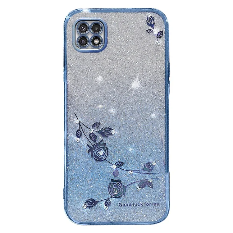 KADEM For Samsung Galaxy A22 5G (EU Version) Anti-Fading Gradient Glitter Powder TPU Cover Rhinestone Decor Flower Pattern Case - Blue
