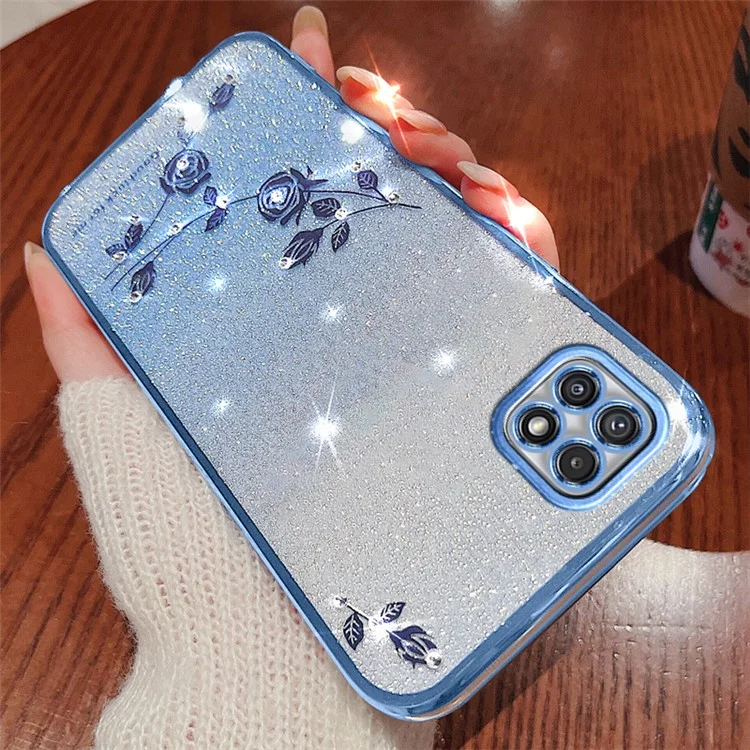 KADEM For Samsung Galaxy A22 5G (EU Version) Anti-Fading Gradient Glitter Powder TPU Cover Rhinestone Decor Flower Pattern Case - Blue