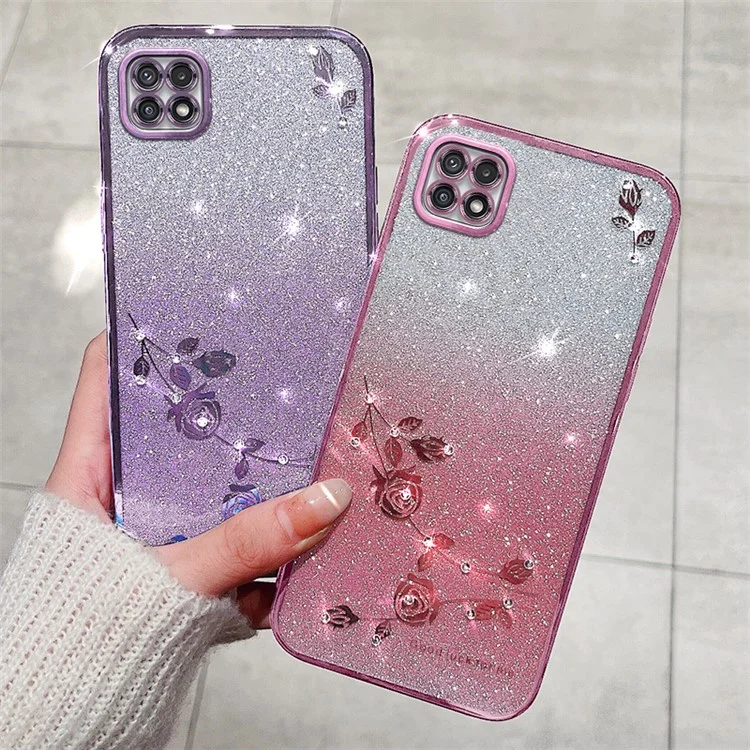 KADEM For Samsung Galaxy A22 5G (EU Version) Anti-Fading Gradient Glitter Powder TPU Cover Rhinestone Decor Flower Pattern Case - Blue