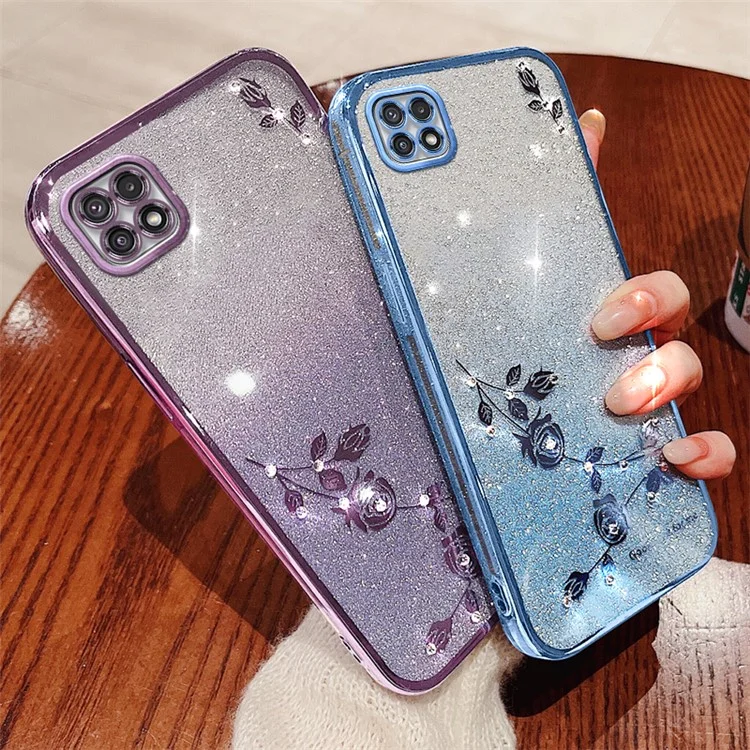 KADEM For Samsung Galaxy A22 5G (EU Version) Anti-Fading Gradient Glitter Powder TPU Cover Rhinestone Decor Flower Pattern Case - Blue