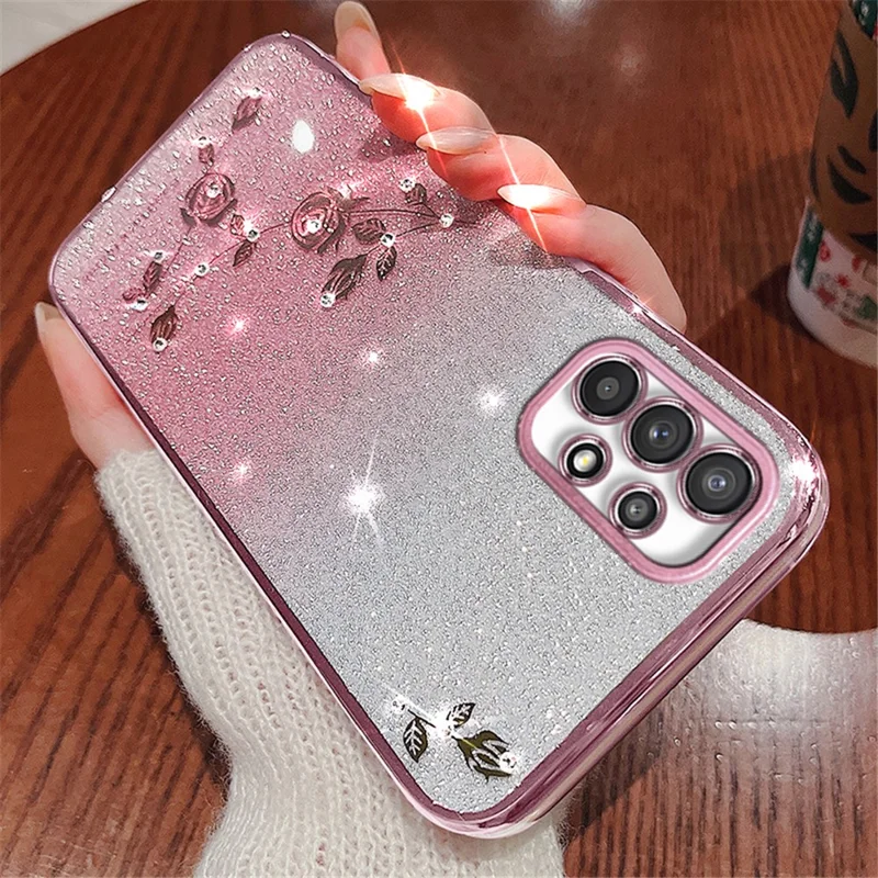 KADEM Funda para Samsung Galaxy A32 5G / M32 5G, Funda de TPU con Decoración de Diamantes de Imitación y Diseño de Flores, Funda para Teléfono con Polvo de Purpurina Gradiente - Dorado Rosa