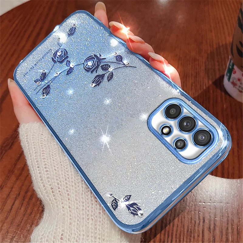 KADEM Funda para Samsung Galaxy A32 5G / M32 5G de TPU con Decoración de Diamantes de Imitación, Diseño de Flores y Purpurina Gradiente - Azul