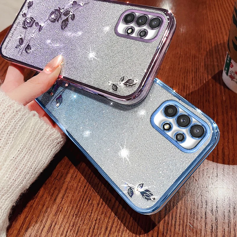 KADEM Funda para Samsung Galaxy A32 5G / M32 5G de TPU con Decoración de Diamantes de Imitación, Diseño de Flores y Purpurina Gradiente - Azul