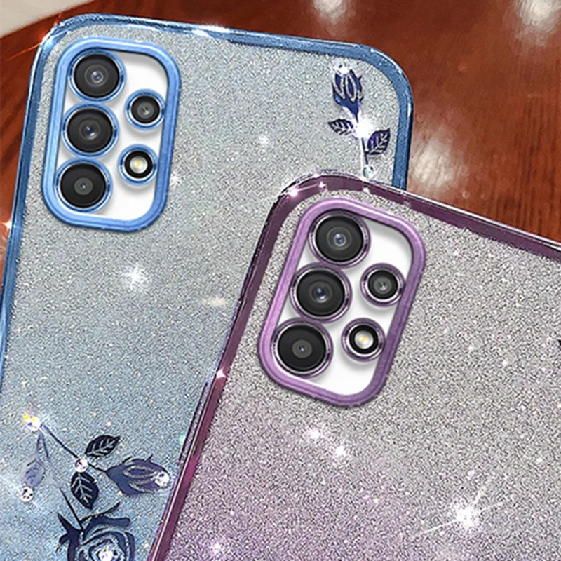 KADEM Funda para Samsung Galaxy A32 5G / M32 5G de TPU con Decoración de Diamantes de Imitación, Diseño de Flores y Purpurina Gradiente - Azul