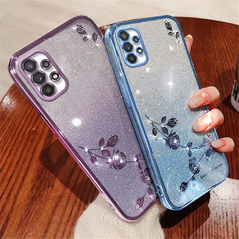 KADEM Funda para Samsung Galaxy A32 5G / M32 5G de TPU con Decoración de Diamantes de Imitación, Diseño de Flores y Purpurina Gradiente - Azul