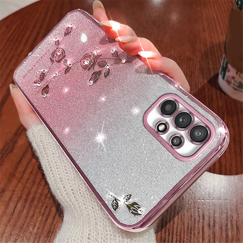 KADEM Per Samsung Galaxy A23 5G (Versione Globale) / A23 4G Custodia per Telefono con Decorazione di Strass Custodia in TPU con Fiore e Glitter a Gradiente - Oro Rosa