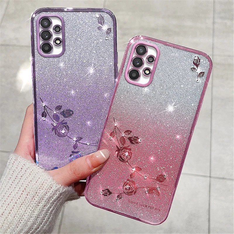 KADEM Per Samsung Galaxy A23 5G (Versione Globale) / A23 4G Custodia per Telefono con Decorazione di Strass Custodia in TPU con Fiore e Glitter a Gradiente - Oro Rosa