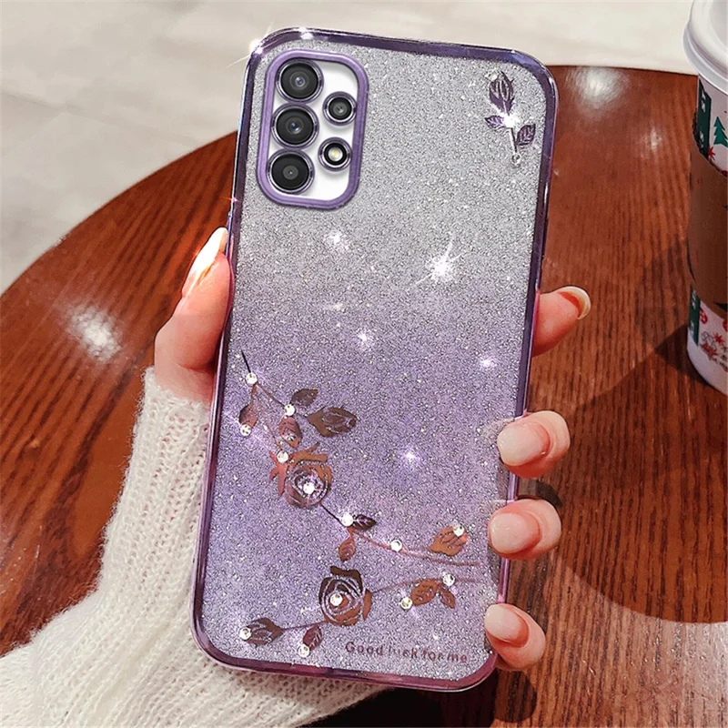 KADEM For Samsung Galaxy A23 5G (Global Version) / A23 4G Rhinestone Decor Phone Case Gradient Glitter Flower Pattern Phone TPU Cover - Purple