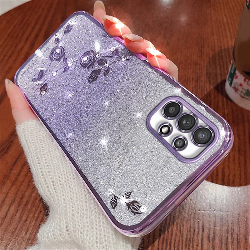 KADEM For Samsung Galaxy A23 5G (Global Version) / A23 4G Rhinestone Decor Phone Case Gradient Glitter Flower Pattern Phone TPU Cover - Purple