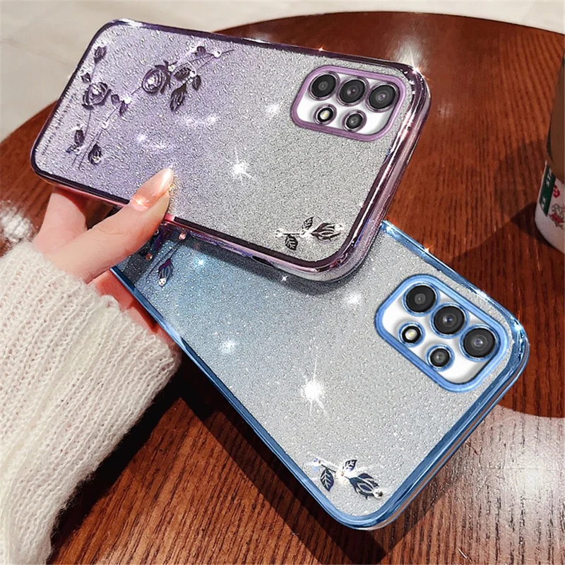 KADEM For Samsung Galaxy A23 5G (Global Version) / A23 4G Rhinestone Decor Phone Case Gradient Glitter Flower Pattern Phone TPU Cover - Purple
