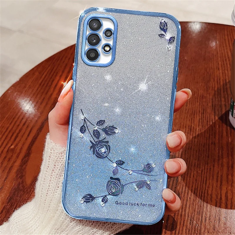 KADEM For Samsung Galaxy A23 5G (Global Version) / A23 4G Rhinestone Decor Phone Case Gradient Glitter Flower Pattern Phone TPU Cover - Blue