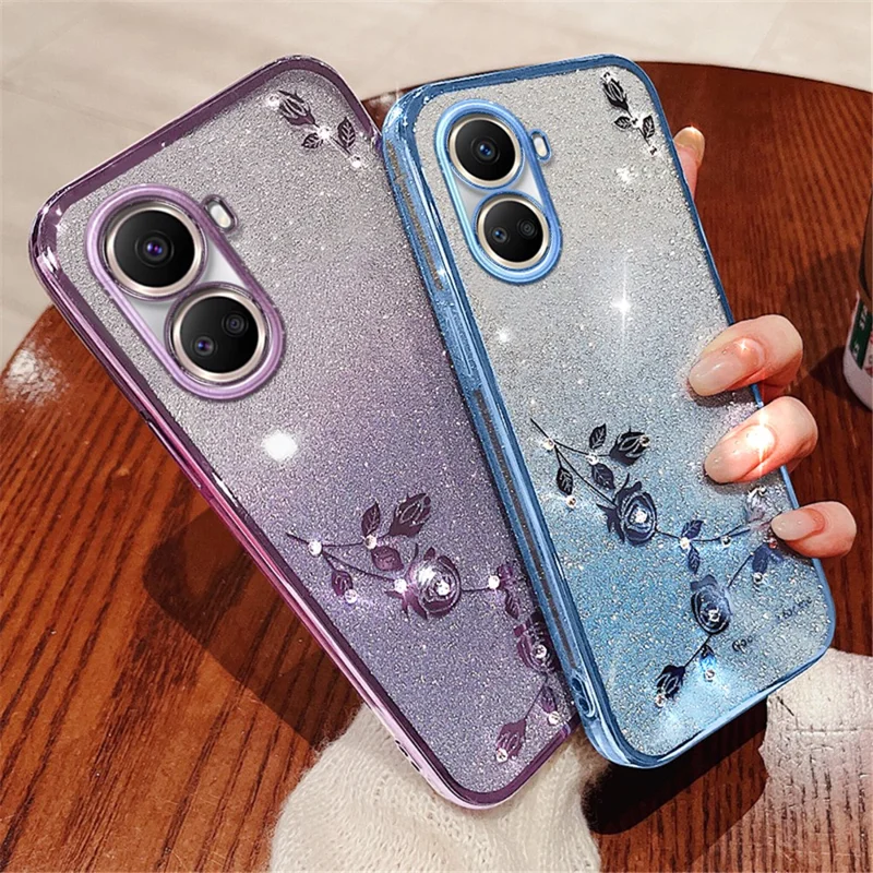 KADEM For Huawei nova 10 SE 4G Gradient Glitter Cell Phone Case Flower Rhinestone Decor Soft TPU Cover - Purple