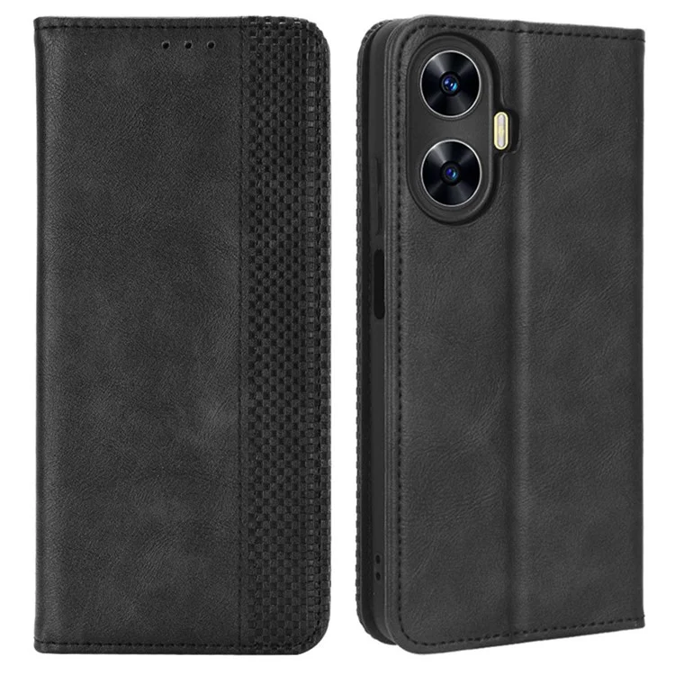 Para Realme C55 / Narzo N55 4G Retro Magnetic Absorption Flip Stand Cover PU Leather Wallet Phone Case - Preto